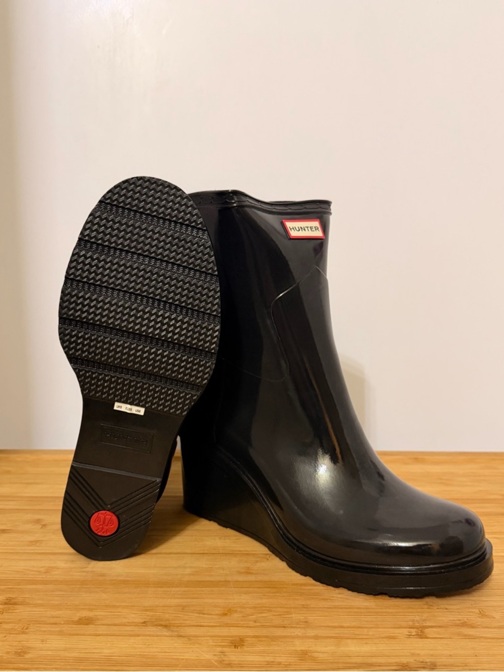 Hunter Black Gloss Women's Rain Wedge Ankle Boots
